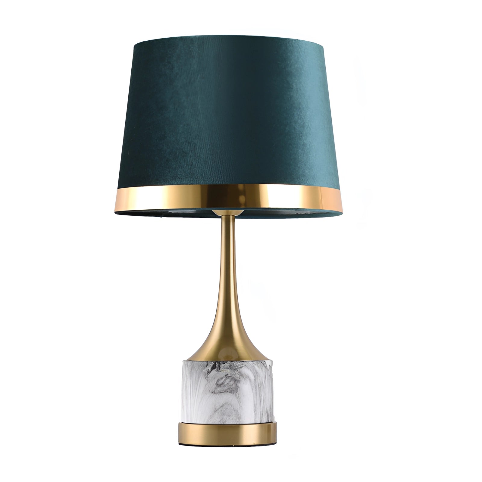 Modern luxury table lamp with a teal velvet shade, gold metallic base, and a marble accent, set against a stylish interior background.