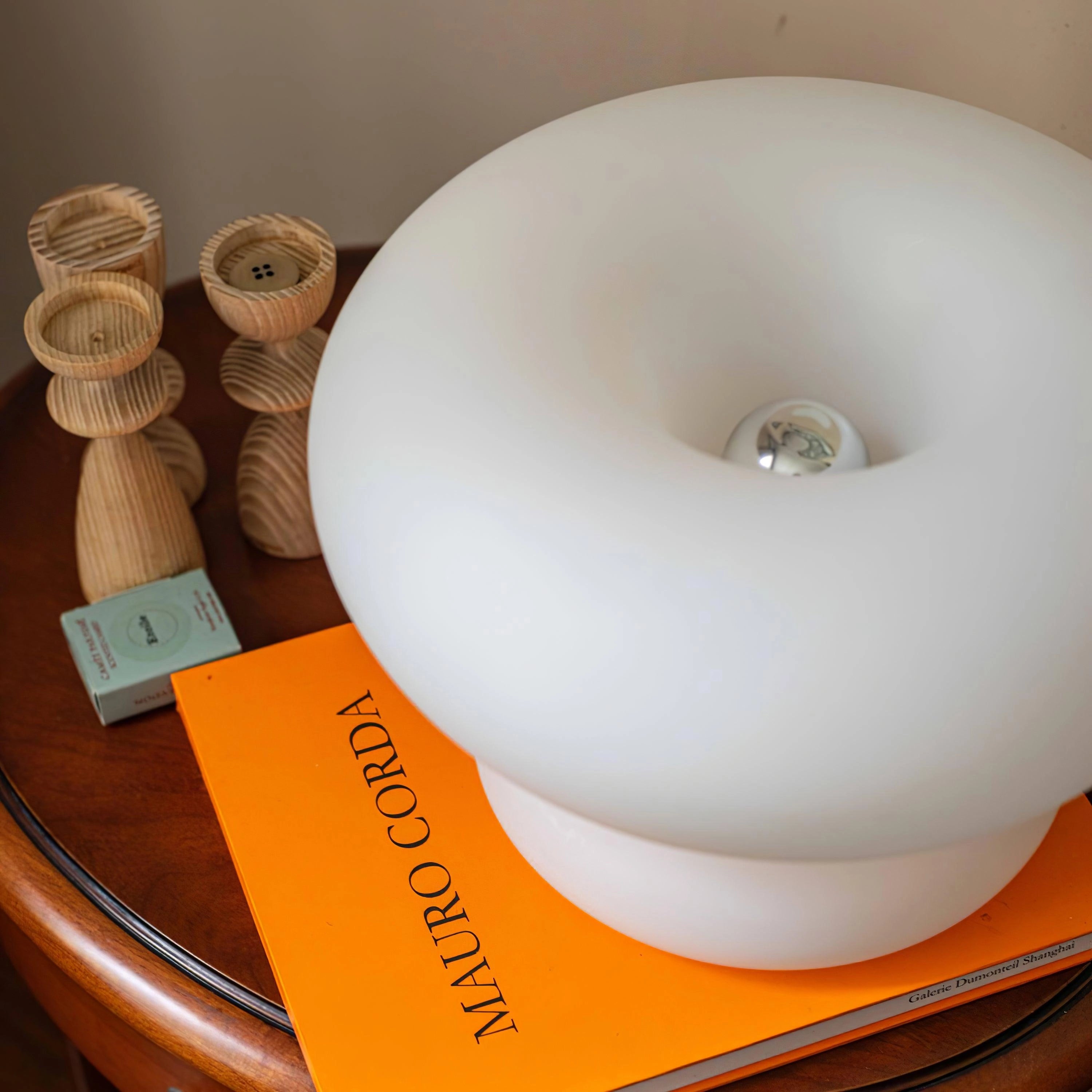 Modern Mushroom Table Lamp with a minimalist design featuring a cylindrical wooden base and a circular metal shade.