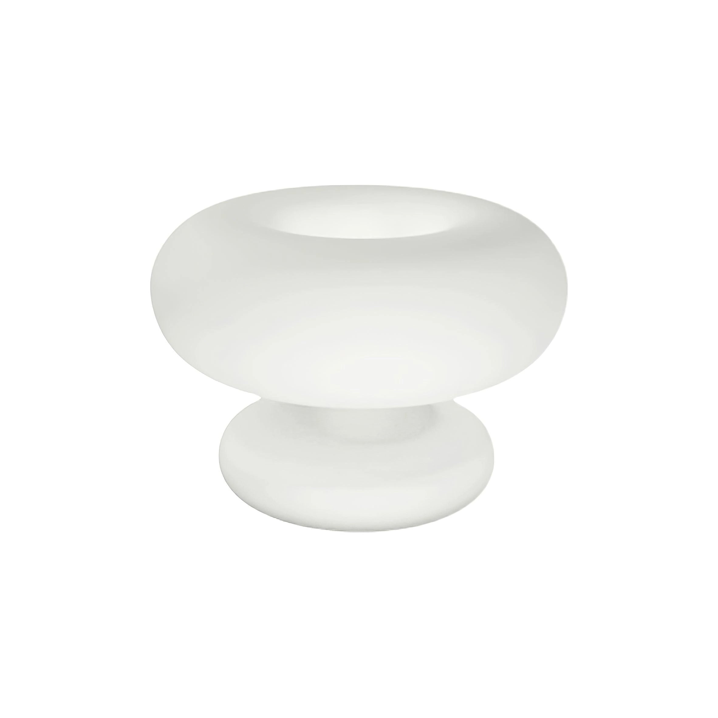 Minimalist white mushroom-shaped table lamp with a cylindrical base, 11 inches in diameter and 7.9 inches in height, placed on a bedside table.