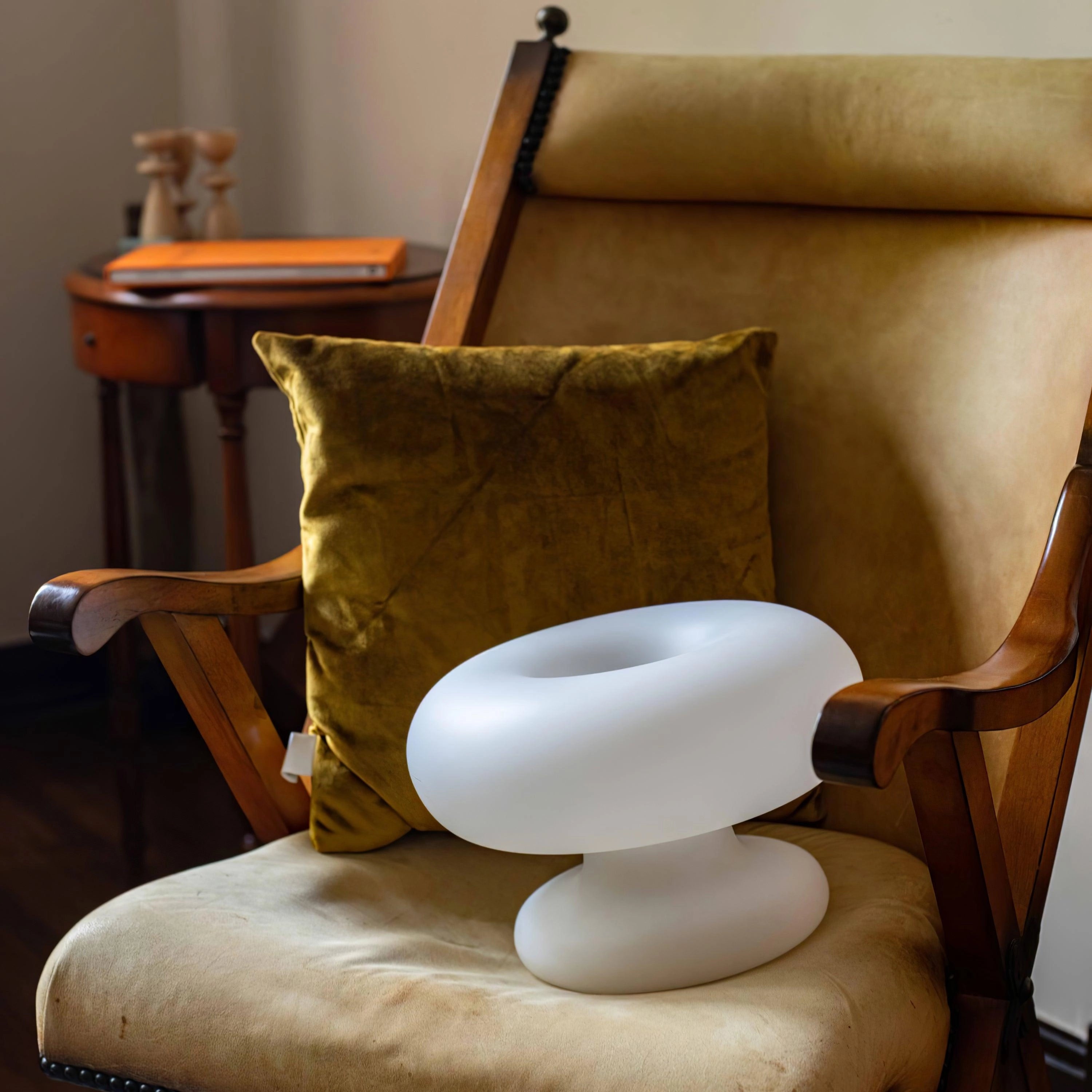 Modern Mushroom Table Lamp on a wooden bedside table in a minimalist interior design setting.