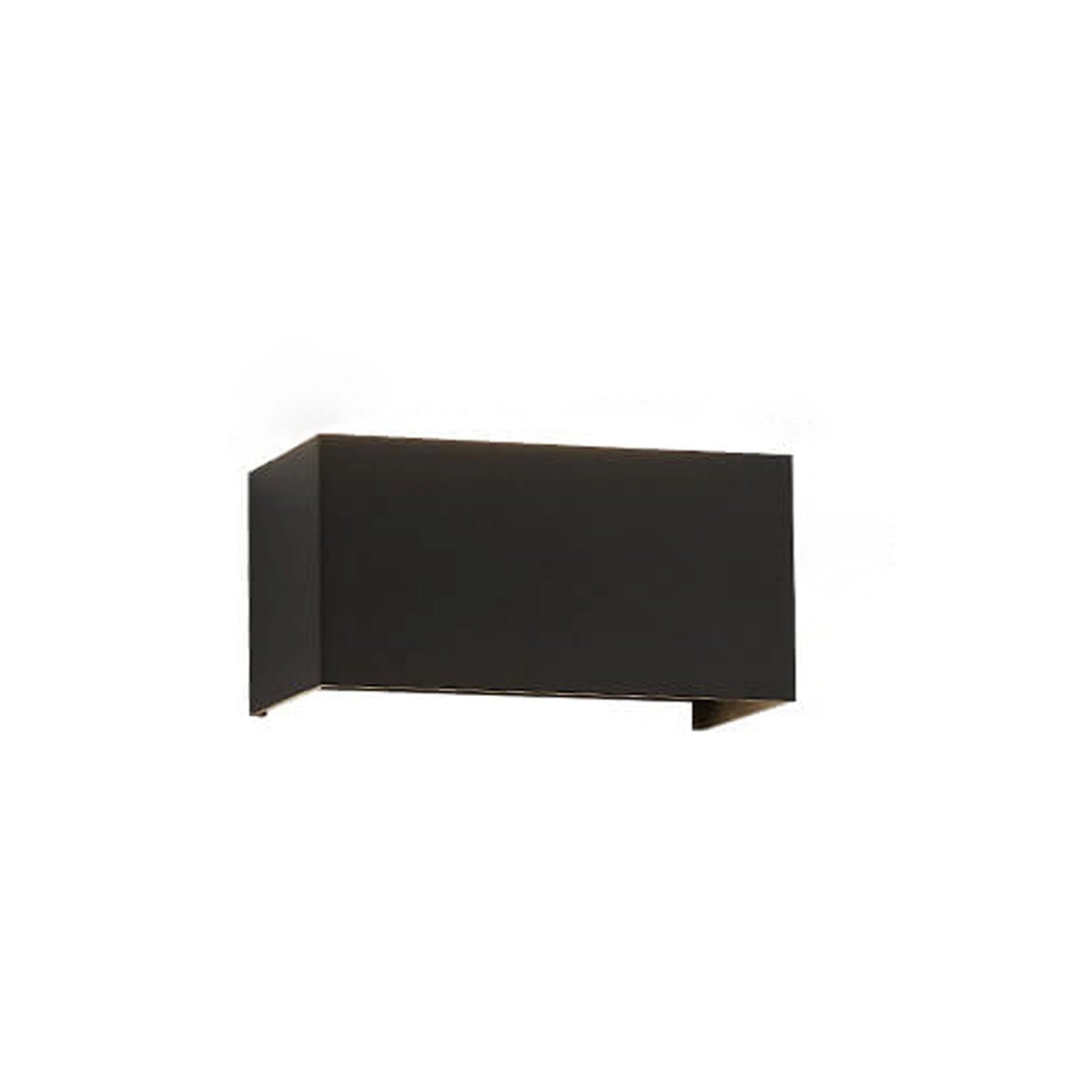 Modern rectangular black LED outdoor wall light mounted on a wooden surface, showcasing its sleek design and weather-resistant features.