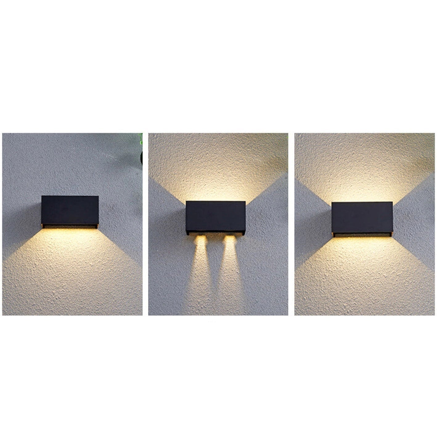 Modern rectangular LED outdoor wall light in black, featuring a sleek and weather-resistant metal design, mounted on a wooden wall.