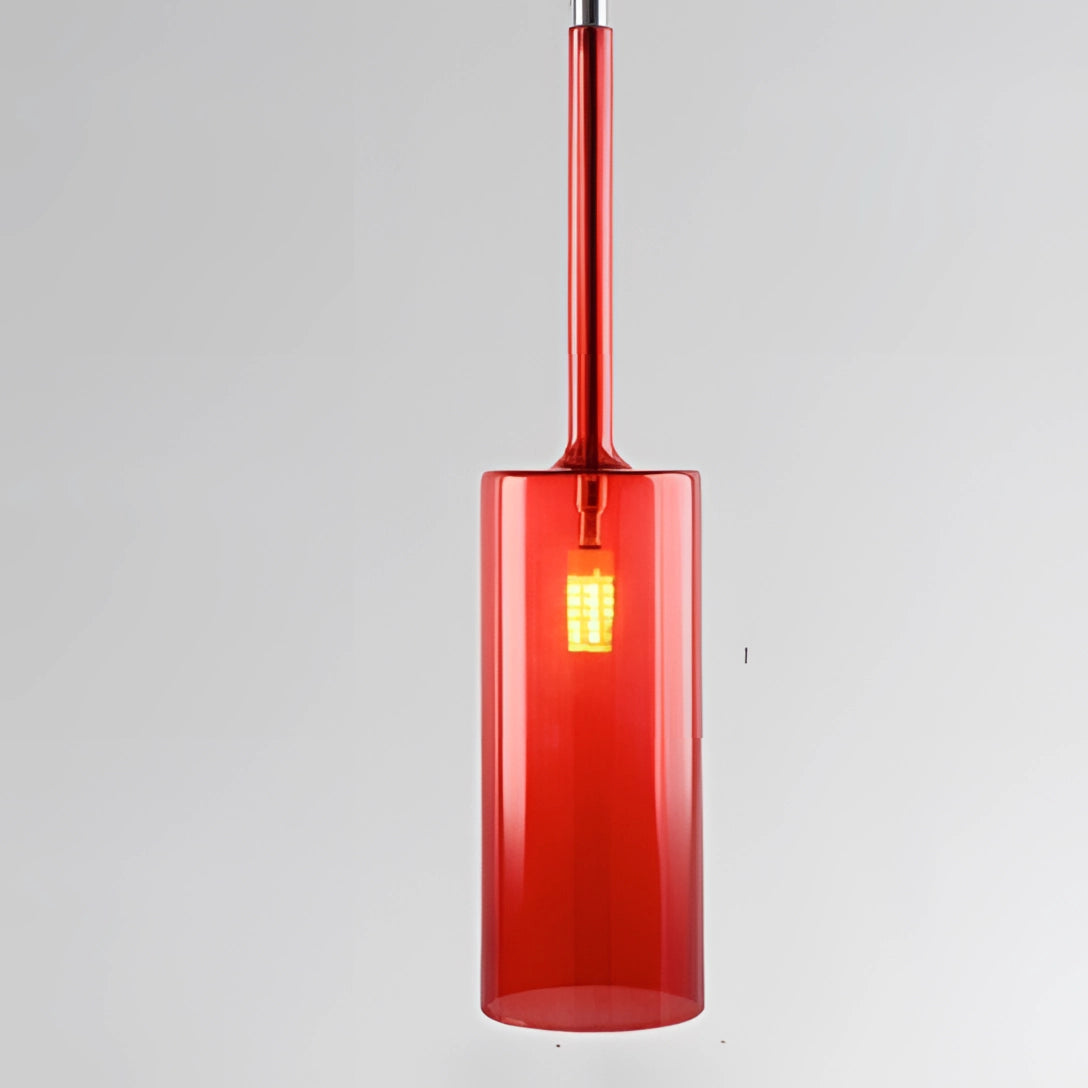 Modern Scandinavian glass pendant light with a rectangular design, featuring a warm white glow and a carmine accent, suitable for luxury ceiling installations.