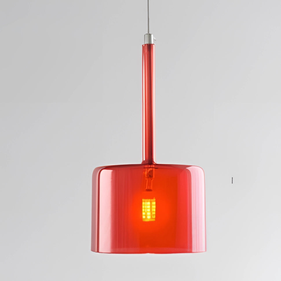 Modern Scandinavian glass pendant light in a warm white hue, featuring a sleek red design with transparent elements, suspended from the ceiling.