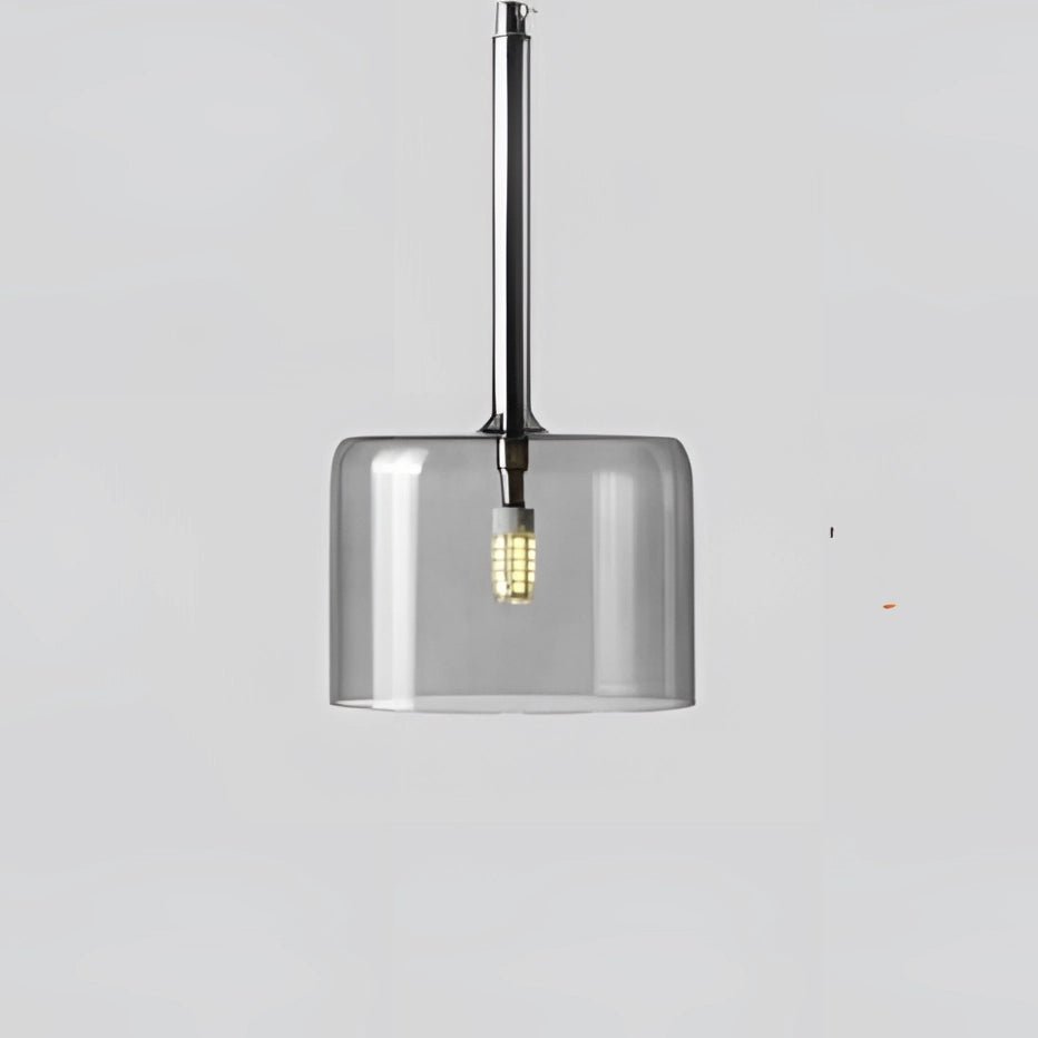 Modern Scandinavian glass pendant light with warm white illumination, featuring a mix of wood, metal, and aluminum elements, and a sleek cable design.