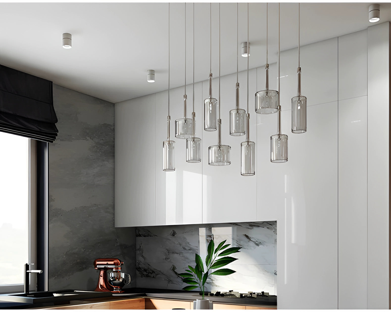 Modern Scandinavian glass pendant lights hanging above a wooden floor with houseplants and sleek interior design elements in a well-lit room.