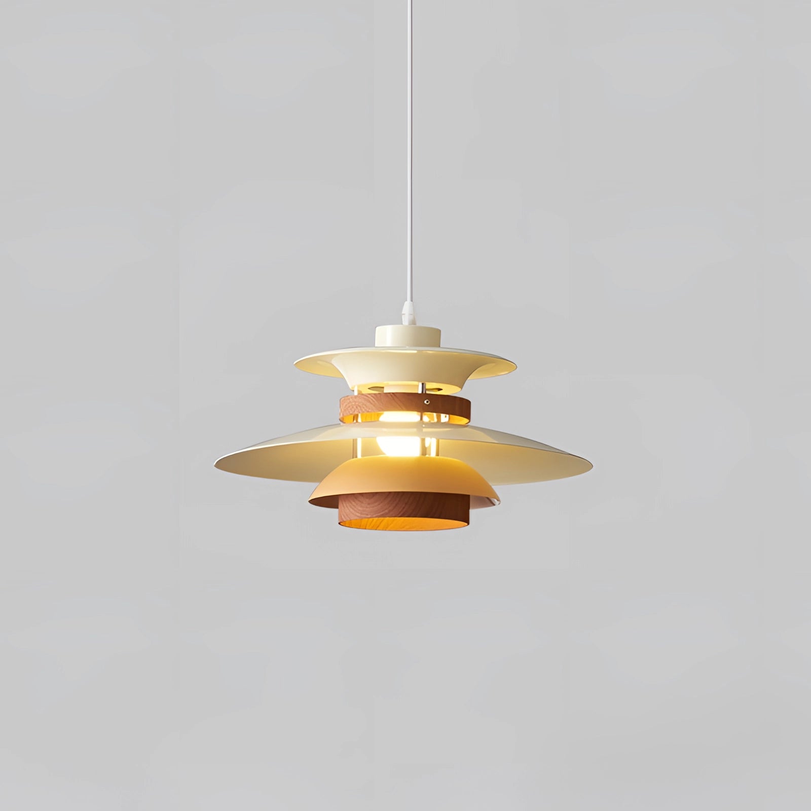 Modern Scandinavian LED pendant light with a minimalist wooden design, large size in beige with walnut grain, hanging from the ceiling, emitting a warm amber light.