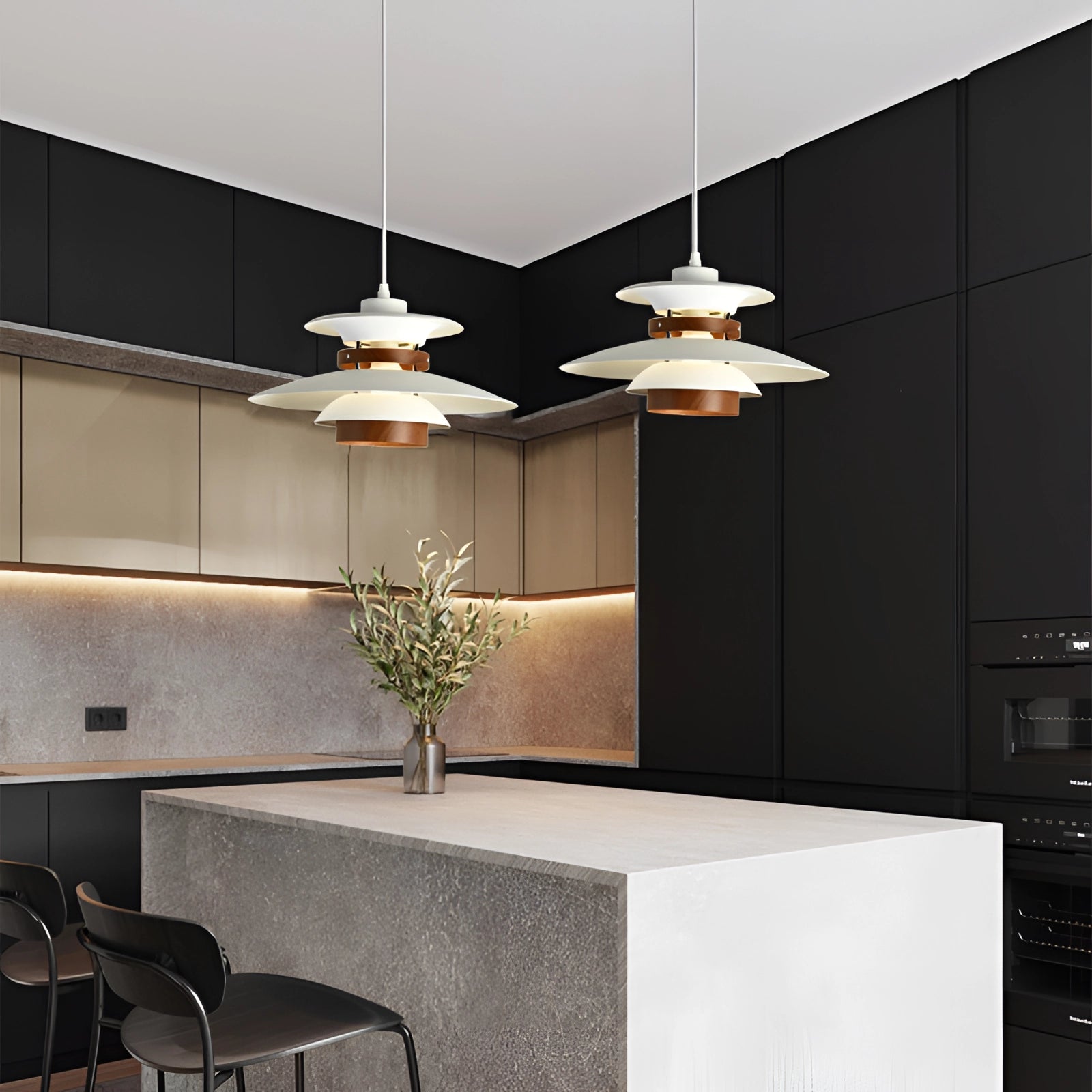 Modern Scandinavian LED pendant light with a minimalist wooden design, hanging above a rectangular table in a beautifully decorated interior with furniture, plants, and additional lighting elements.