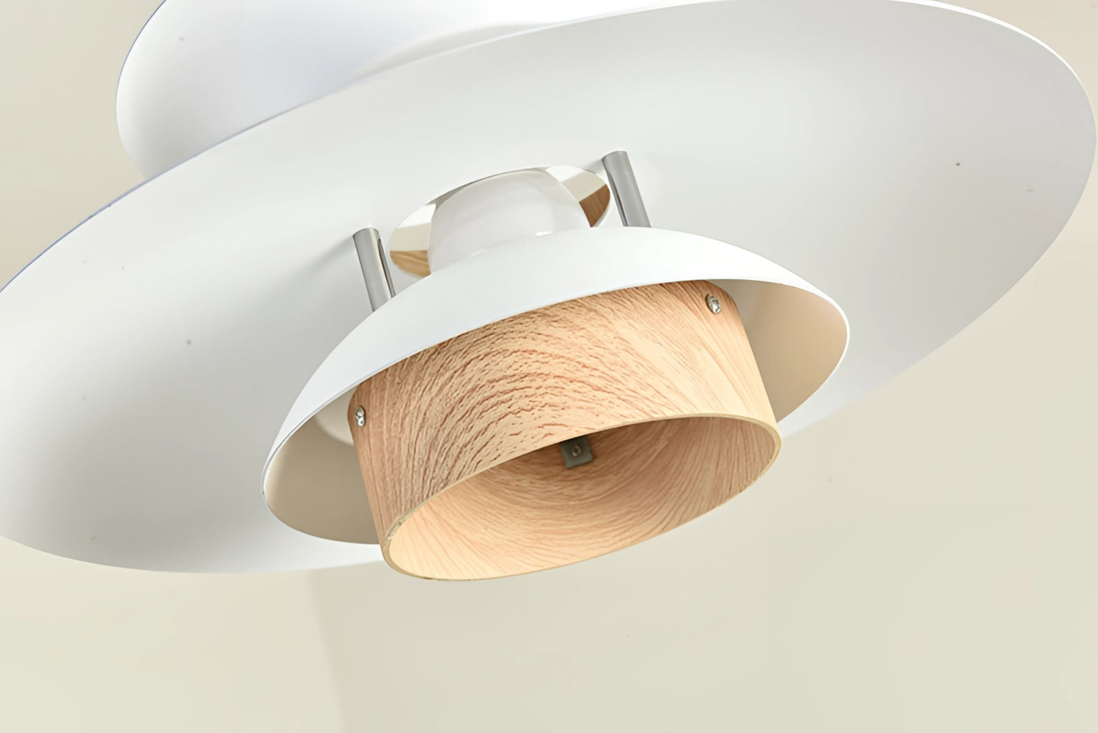 Modern Scandinavian LED pendant light with a minimalist wooden design, featuring a circular beige plywood shade, mounted on a ceiling.