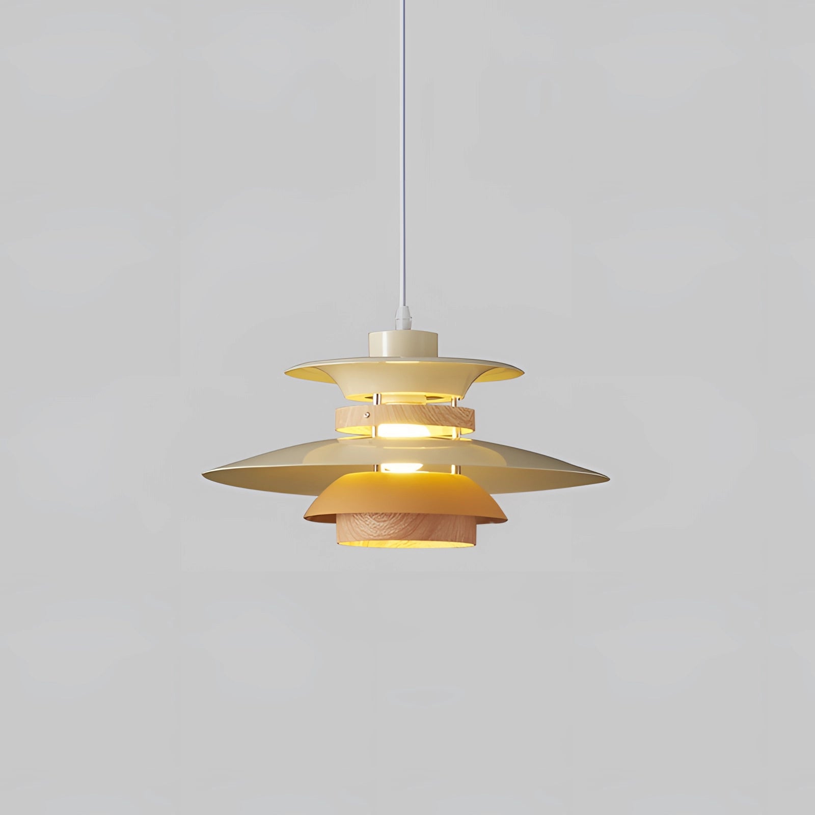 Modern Scandinavian LED pendant light with minimalist wooden design, large size, beige with natural grain finish, suspended from the ceiling by a 2-meter cord.