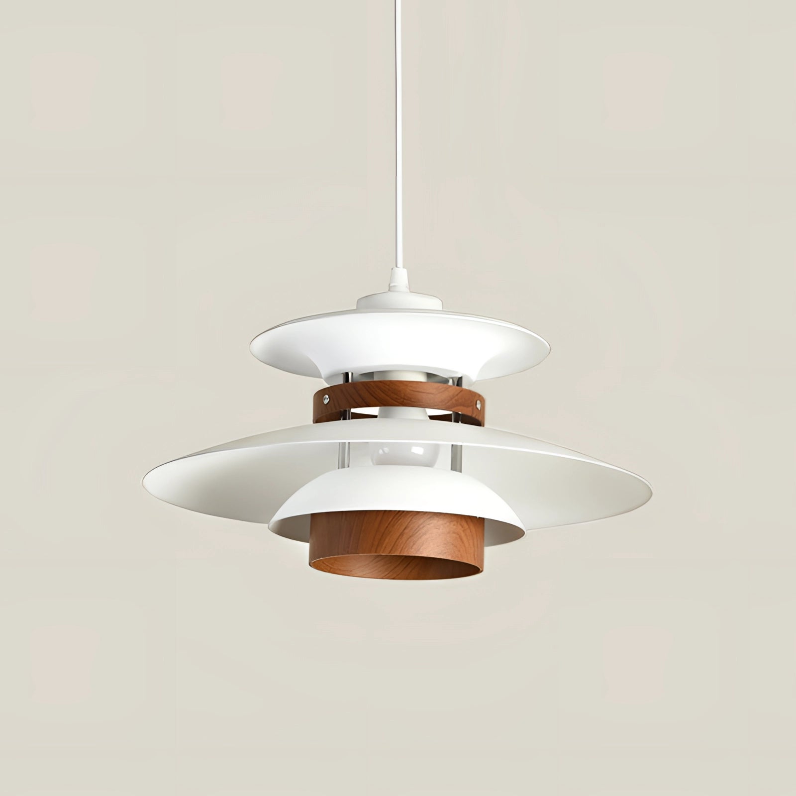 Modern Scandinavian LED pendant light with minimalist wooden design, featuring a sleek metal and wood combination, hanging from the ceiling with a light bulb enclosed in a simple lampshade.