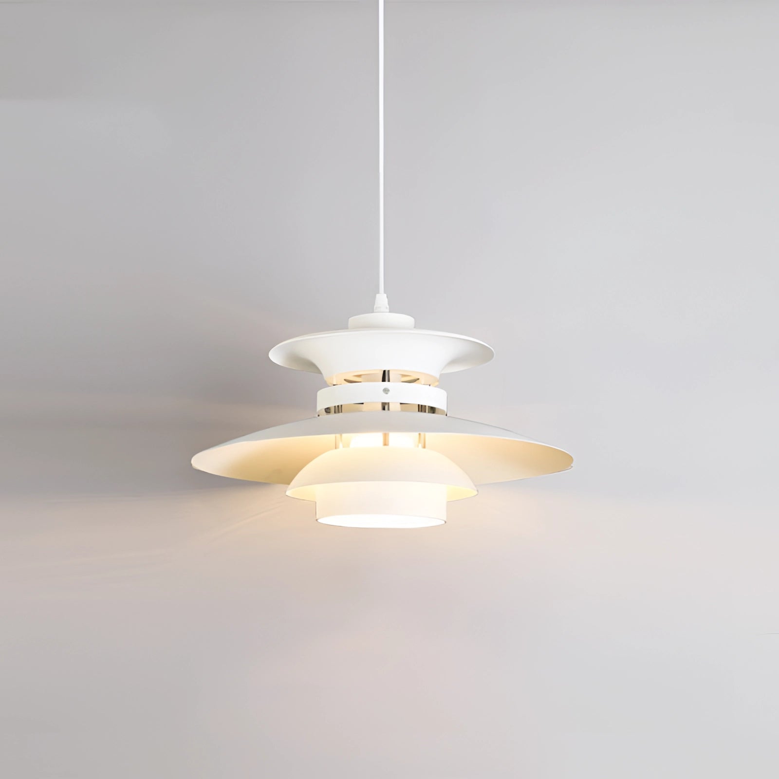 Modern Scandinavian LED pendant light with minimalist wooden design, large size in white, hanging from a 2-meter cord.