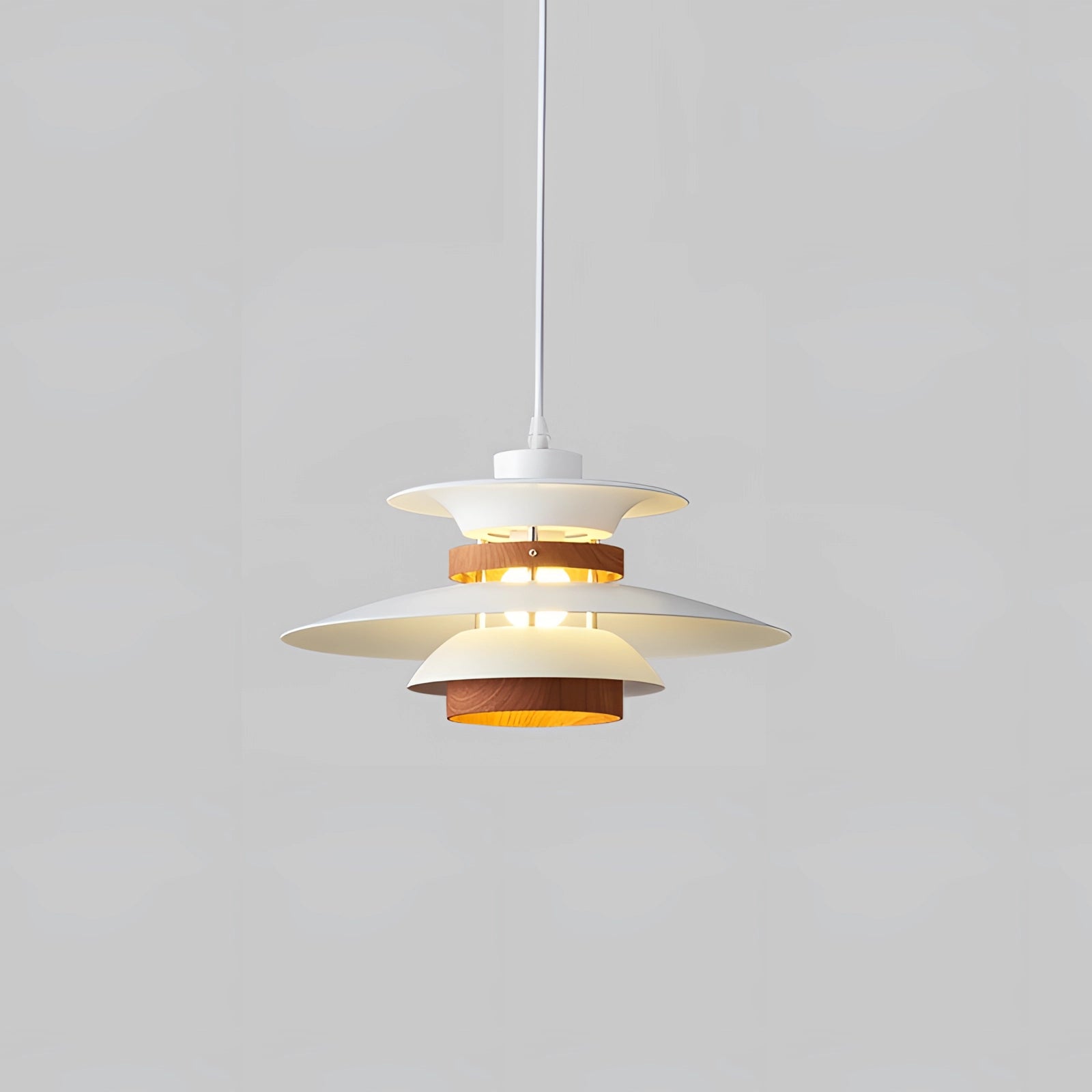 Modern Scandinavian LED pendant light with a minimalist wooden design, featuring a large white shade with walnut grain details, suspended from a 2-meter cord.