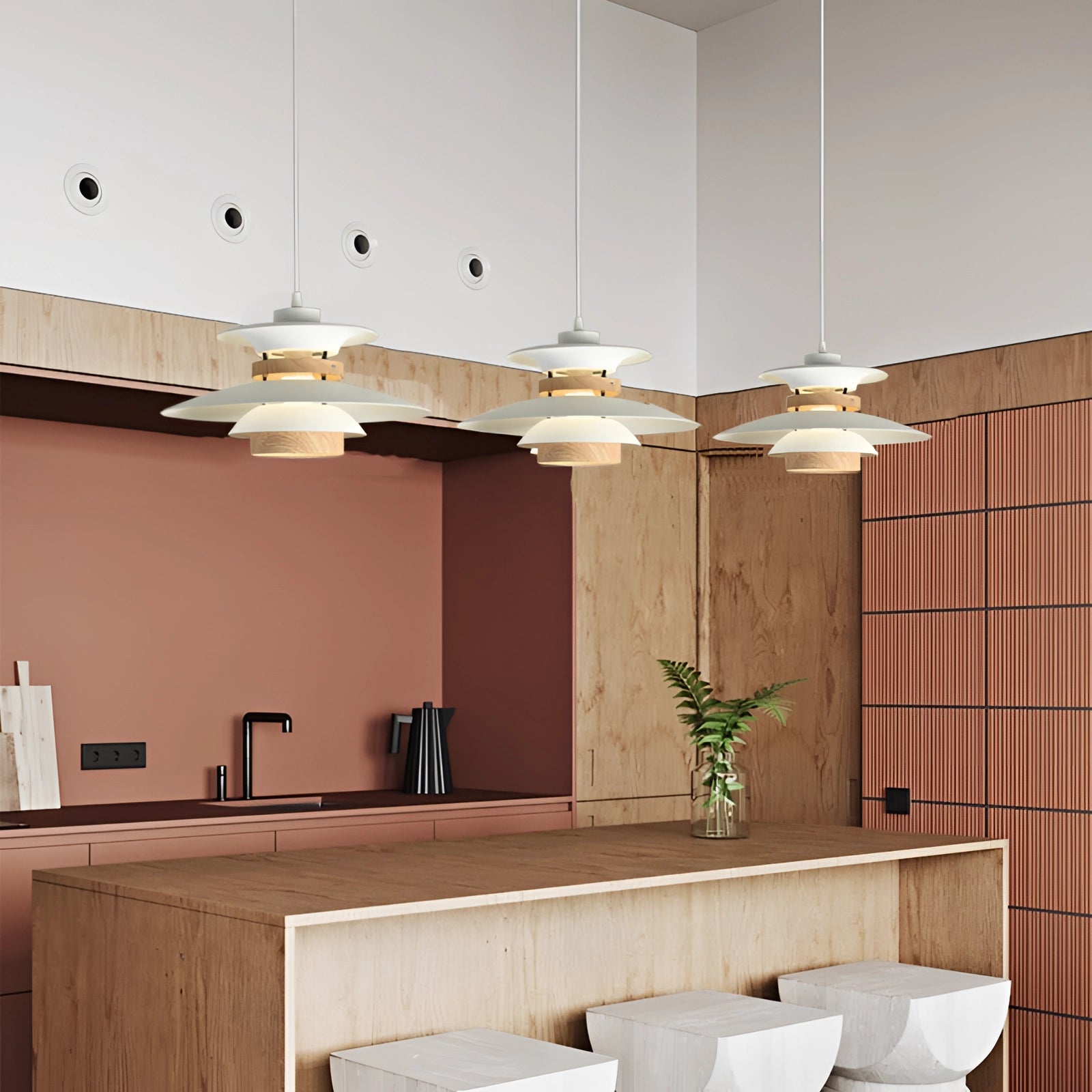 Modern Scandinavian LED pendant light with minimalist wooden design, hanging above a beige wooden table with a houseplant in a flowerpot.