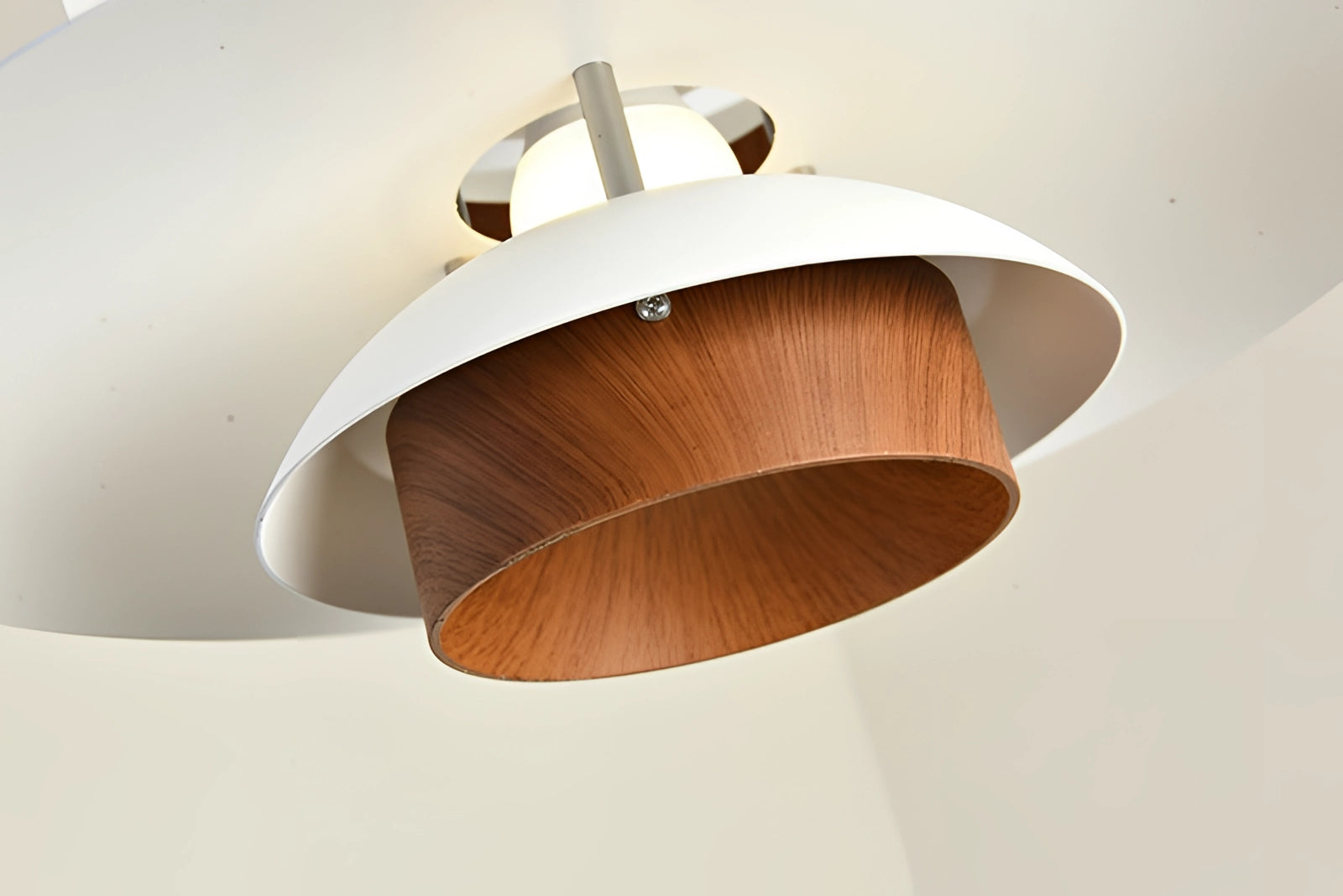 Modern Scandinavian LED pendant light with a minimalist wooden design, suspended from the ceiling, featuring a circular metal and wood lampshade.