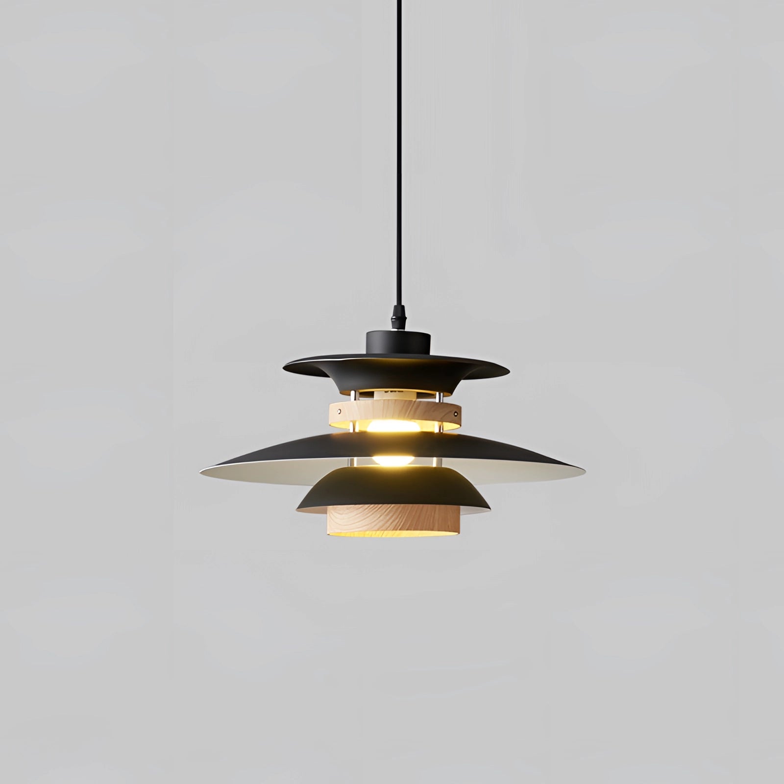 Modern Scandinavian LED pendant light with minimalist wooden design in large size, featuring black with natural wood grain finish, suspended from a 2-meter cord, illuminating a stylish interior space.