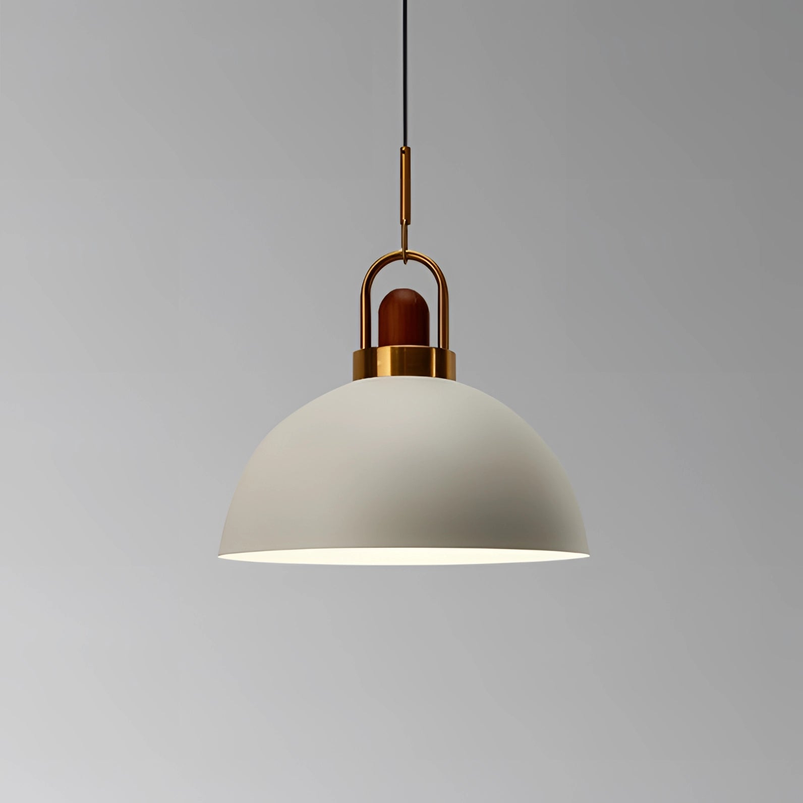 Modern Scandinavian matte white pendant light with copper accent, featuring a circular design and hanging as a ceiling fixture, suitable for contemporary interior design.