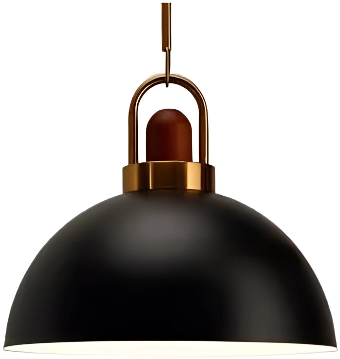 Modern Scandinavian matte pendant light with a copper accent, featuring a sleek and symmetrical design. The light fixture hangs from the ceiling, showcasing a circular metal form that combines artful elegance and functionality.