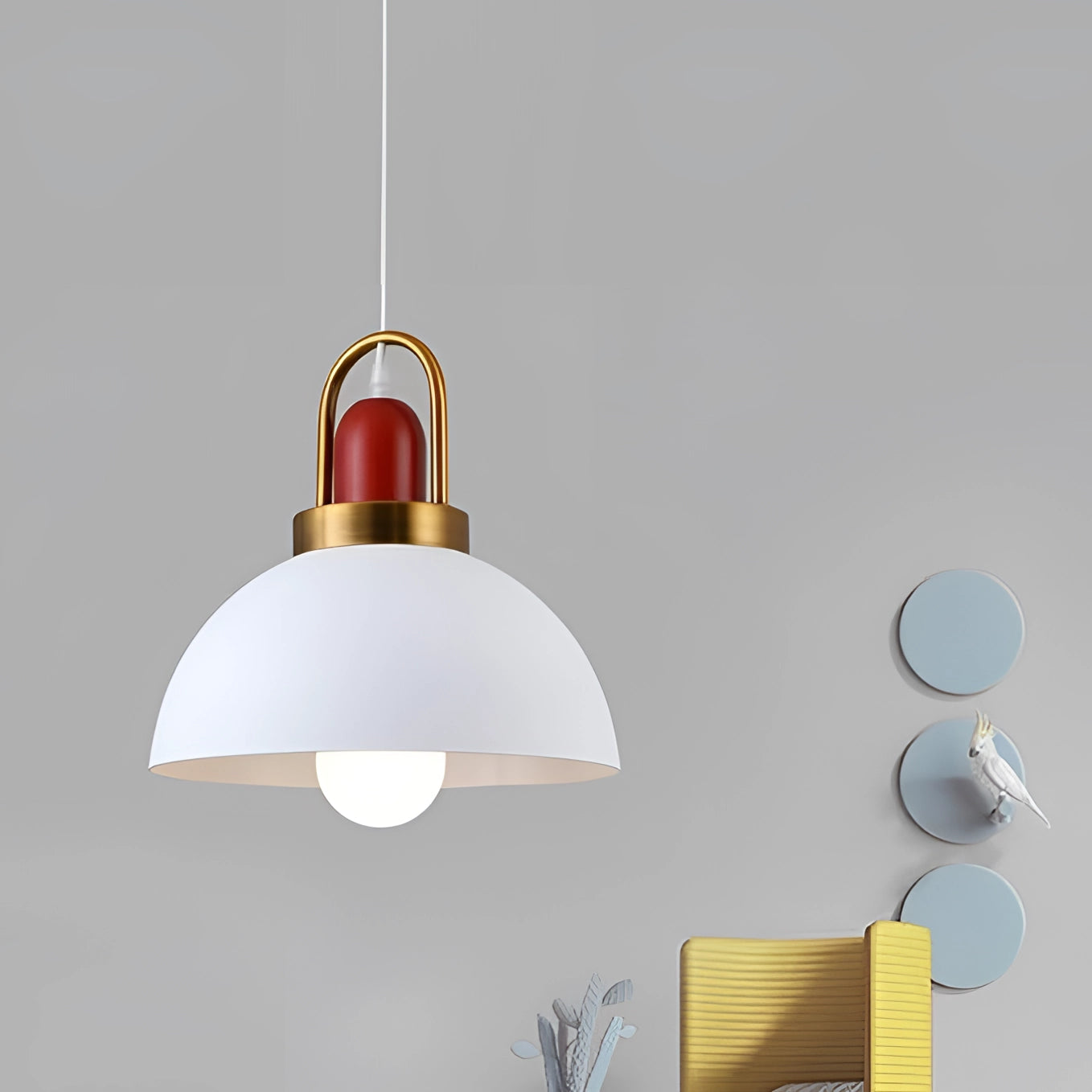 Modern Scandinavian matte pendant light with a copper accent, featuring a sleek circular design, hanging from a wooden ceiling fixture.