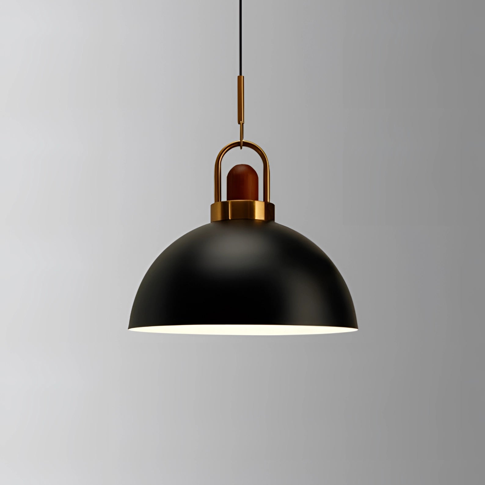 Modern Scandinavian black matte pendant light with copper accent, featuring a sleek metal design and circular shape, ideal as a ceiling fixture for contemporary spaces.