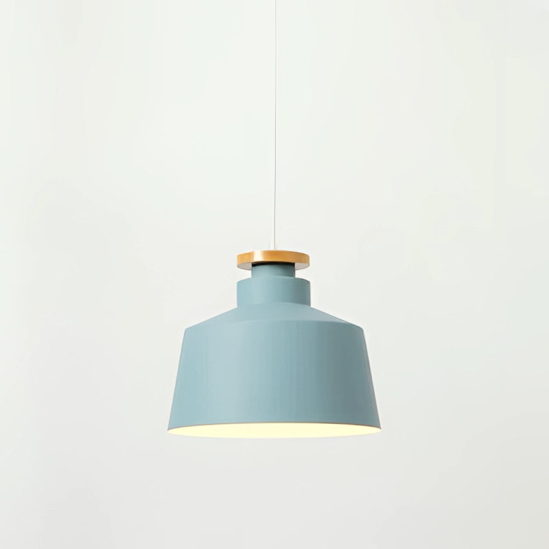 Modern Scandinavian pendant light with a blue drum-shaped lampshade, featuring adjustable height and sleek design, hanging from the ceiling.