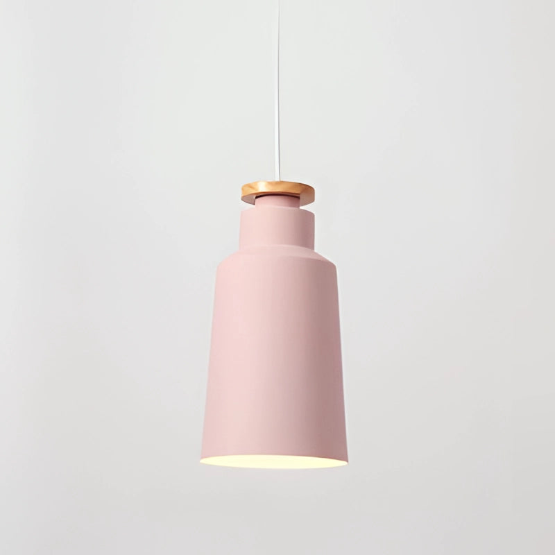 Modern Scandinavian pink cone-shaped pendant light with adjustable height, featuring a sleek metal and wood design, installed on a ceiling.