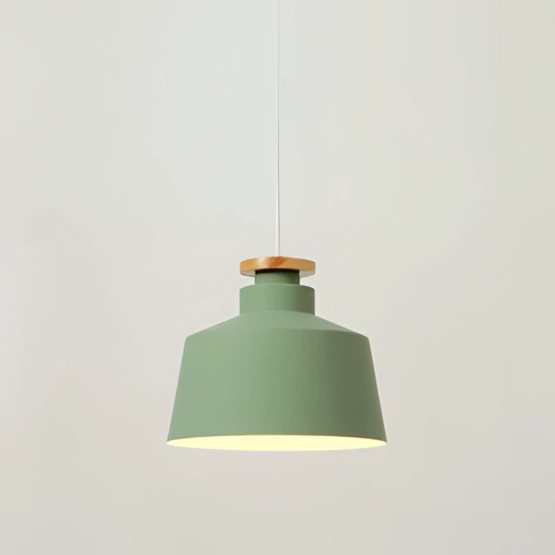 Modern Scandinavian green drum-shaped pendant light fixture hanging from the ceiling, with adjustable height, suitable for interior design.