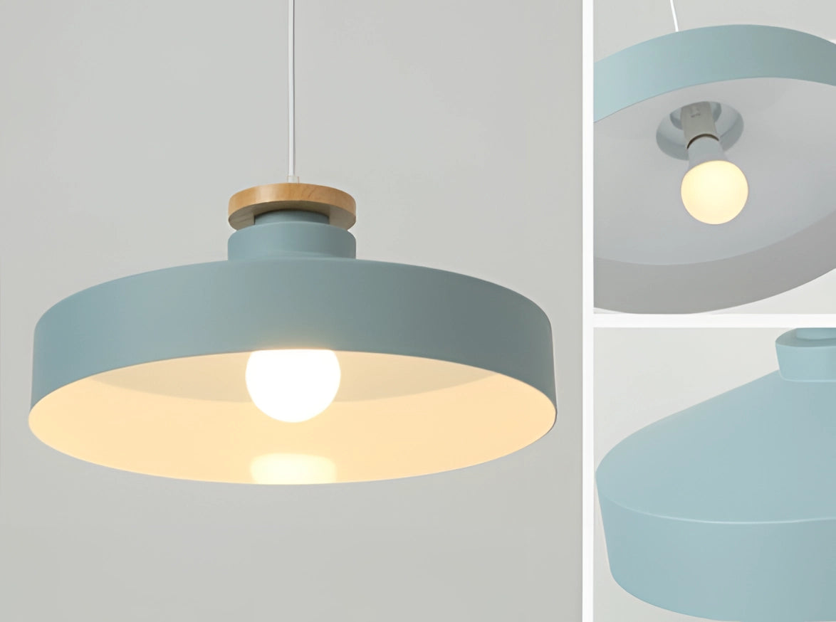 Modern Scandinavian pendant lights with colorful, adjustable fixtures, featuring sleek, circular lampshades, and designed for ceiling installation.