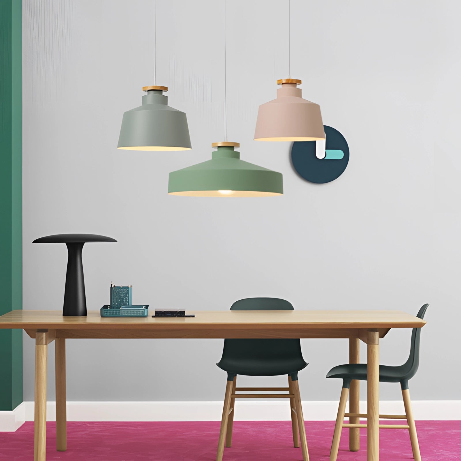 Modern Scandinavian Pendant Lights with colorful adjustable features hanging above a white wood table in a stylishly designed interior.