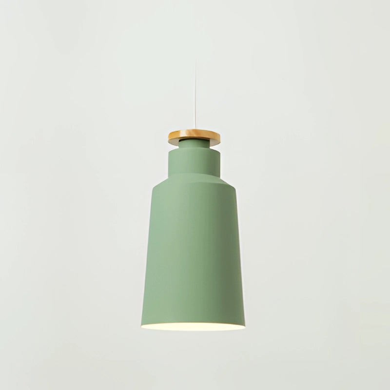 Modern Scandinavian cone-shaped green pendant light with adjustable metal fixture hanging from the ceiling.