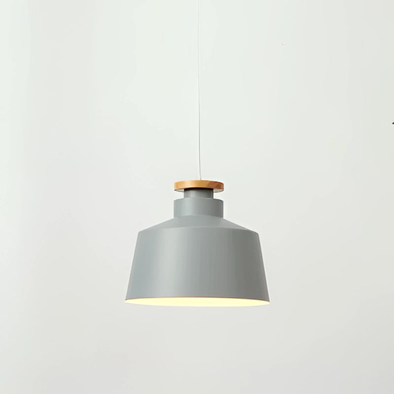 Modern Scandinavian Drum Pendant Light in Gray with Adjustable Height, featuring a sleek gray metal and wood design, hanging from the ceiling.