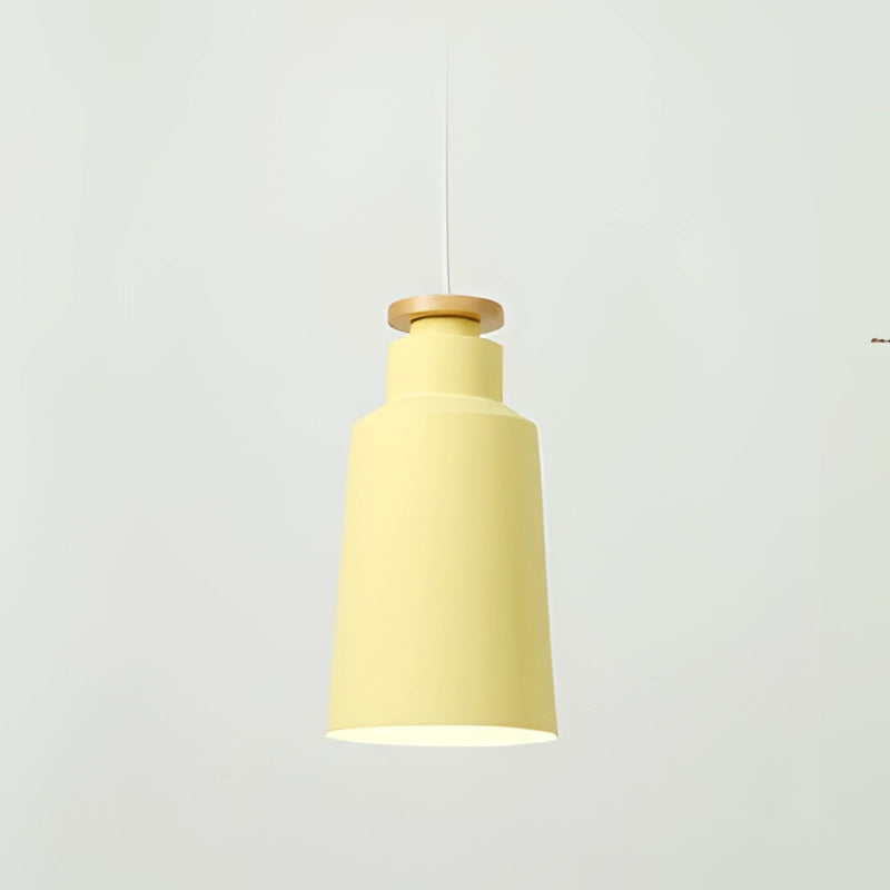 Modern Scandinavian cone-shaped pendant light in yellow with adjustable height, featuring a sleek design and metal construction, hanging from the ceiling.