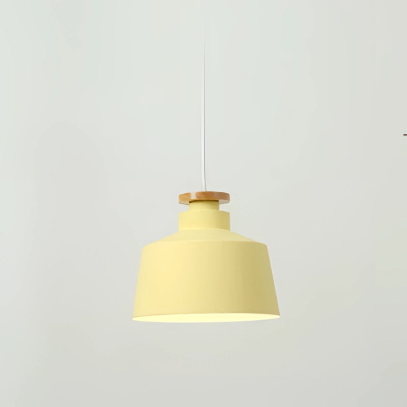 Modern Scandinavian Pendant Light with Yellow Drum Shade and Adjustable Height, featuring a circular wooden accent and beige ceiling fixture.