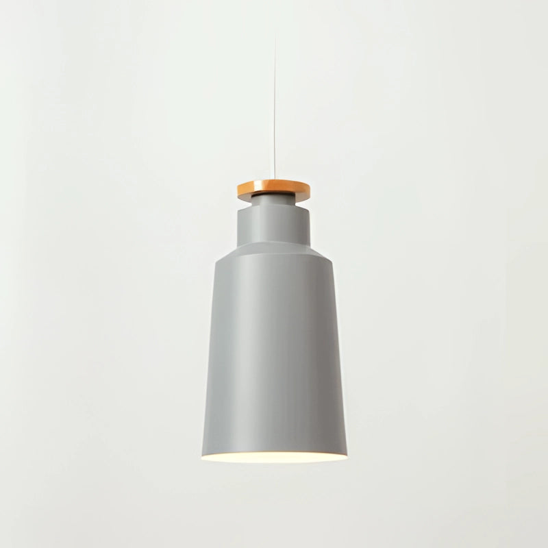 Gray cone-shaped modern Scandinavian pendant light fixture with adjustable height, featuring a sleek metal design and a minimalist aesthetic, hanging from the ceiling.