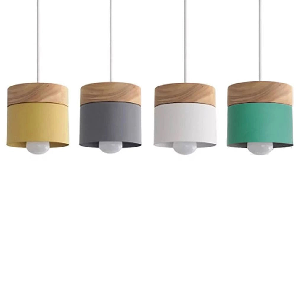 Modern Scandinavian wooden pendant lights in various colors, minimalist design, eco-friendly materials, hanging from the ceiling, featuring a rectangular shape and beige wood finish.