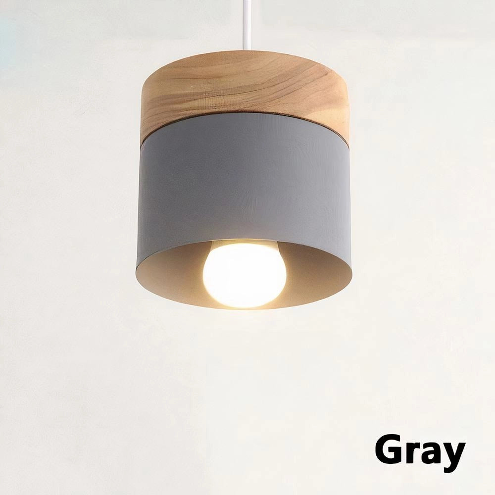 Modern Scandinavian gray wooden pendant light with a minimalist design, eco-friendly materials, and a rectangular shape, hanging from the ceiling.