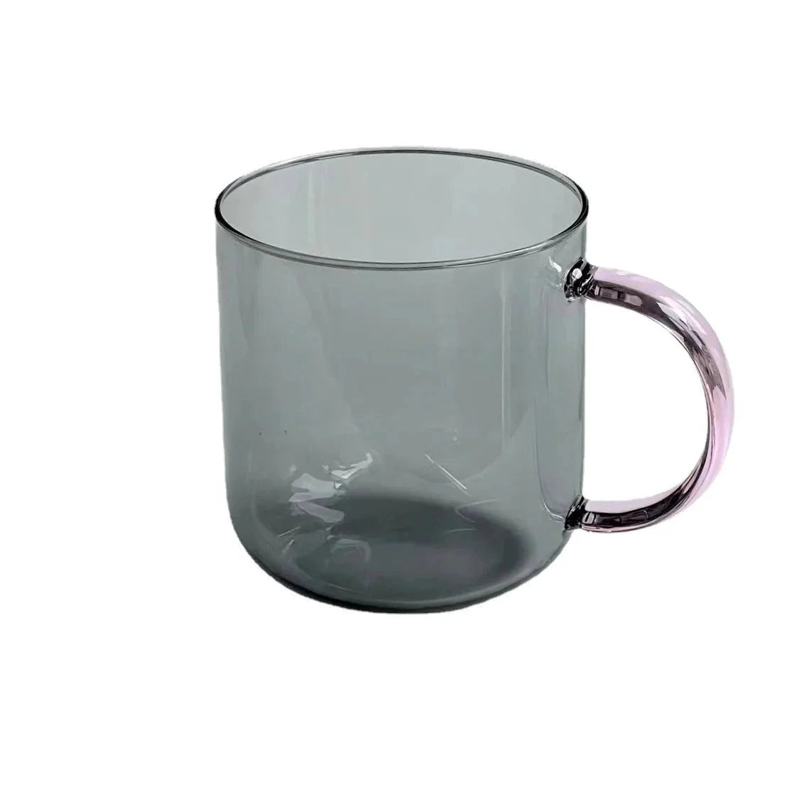 Modern smoke glass mug in dark gray hue with a 300ml capacity, featuring a stylish cylindrical design made from durable borosilicate glass, ideal for serving tea or coffee.