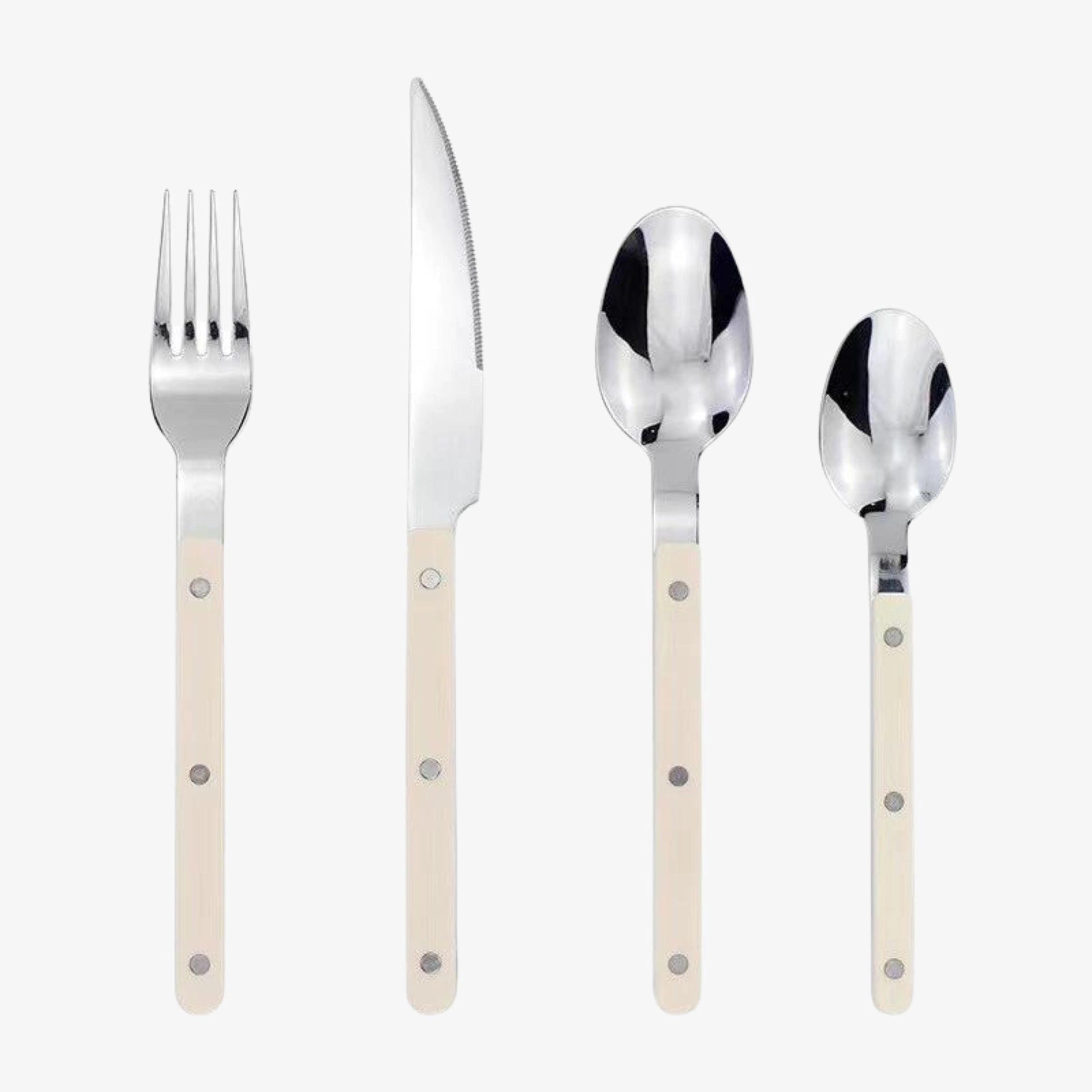 Modern stainless steel cutlery set with black handles, featuring 24 pieces of tableware, including forks, knives, and spoons, displayed on a clean white surface.