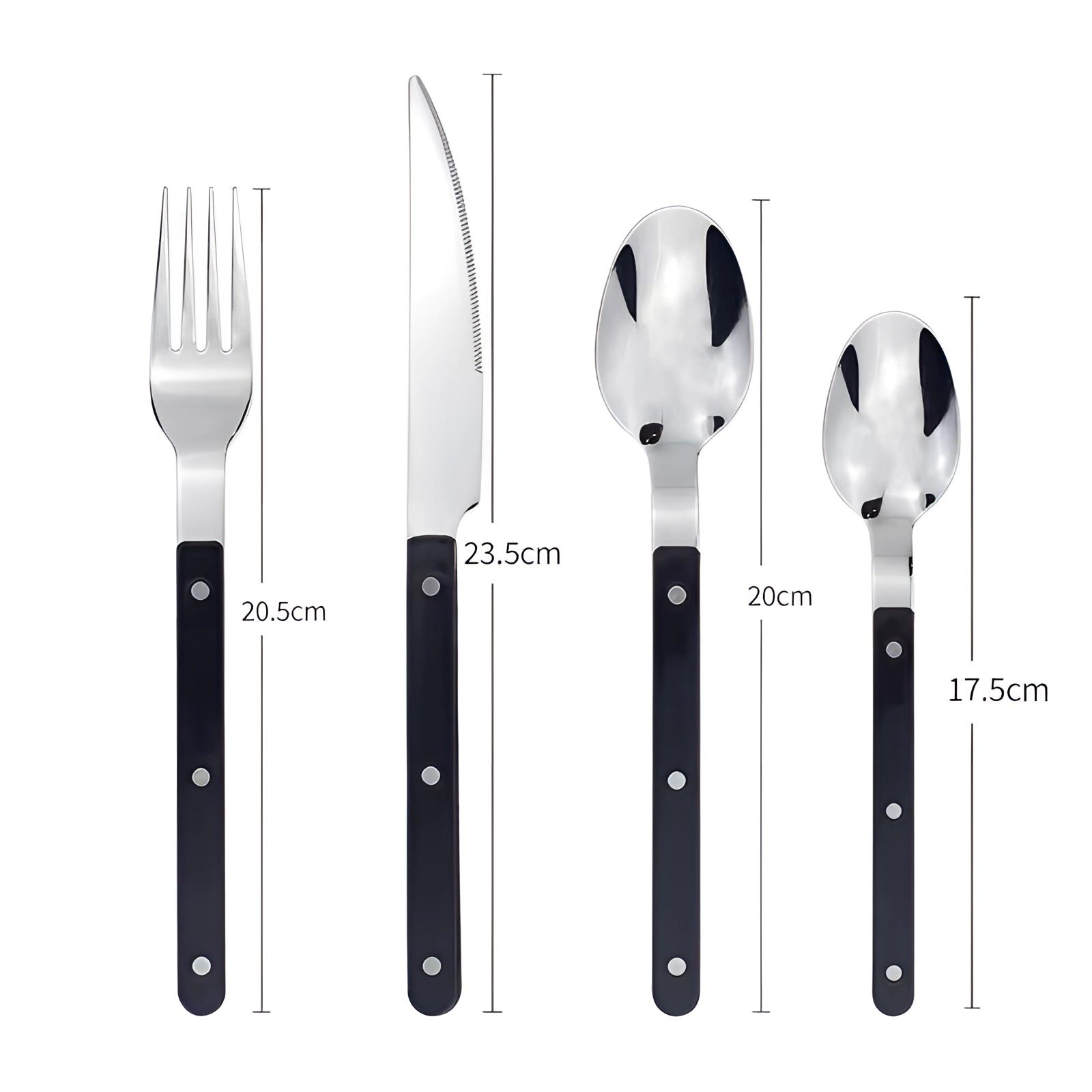 Modern stainless steel cutlery set featuring 24 pieces with sleek black handles, including forks, knives, and spoons, arranged on a flat surface.