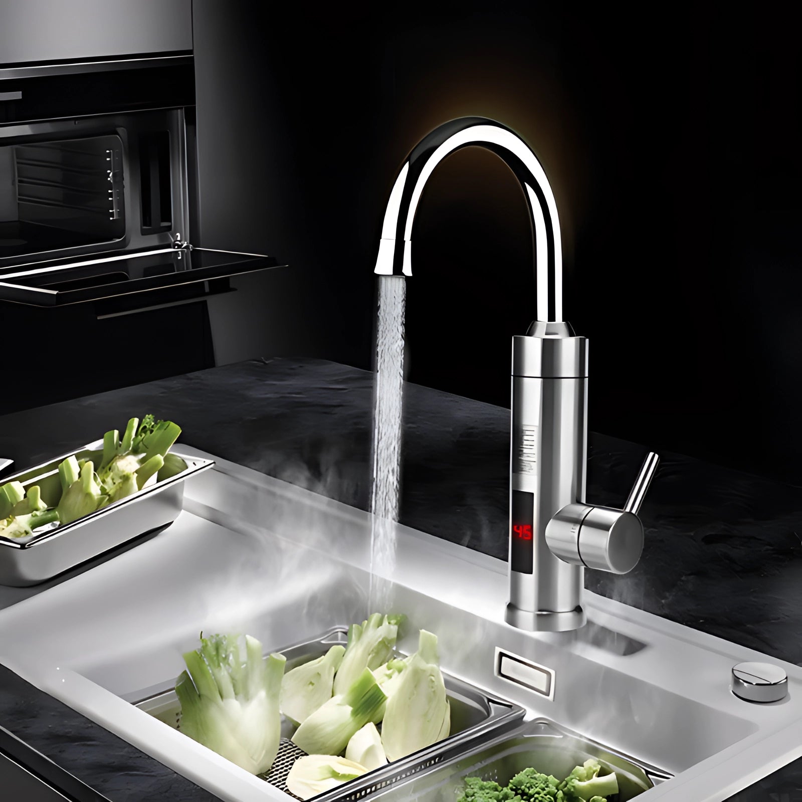 Modern stainless steel kitchen faucet with LED temperature display, installed on a sleek countertop, showcasing its eco-friendly design and functionality in a contemporary kitchen setting.