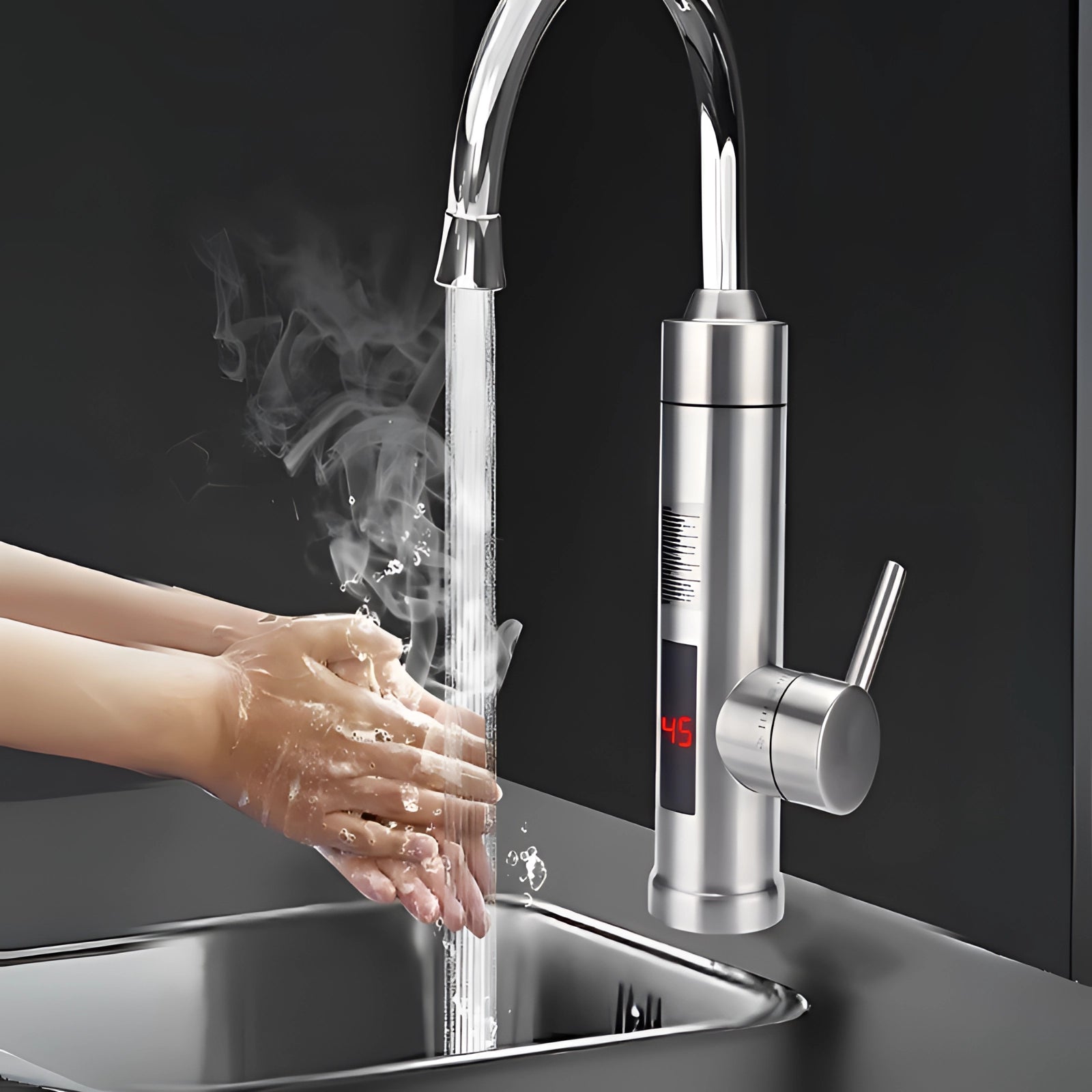 Sleek modern stainless steel kitchen faucet with LED temperature display, designed to be eco-friendly, showing water flowing from the tap.