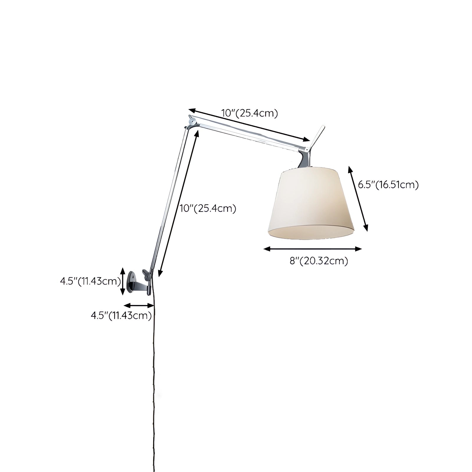 Wall-mounted swing arm lamp with adjustable lighting and a sleek modern design, featuring a rectangular shade.