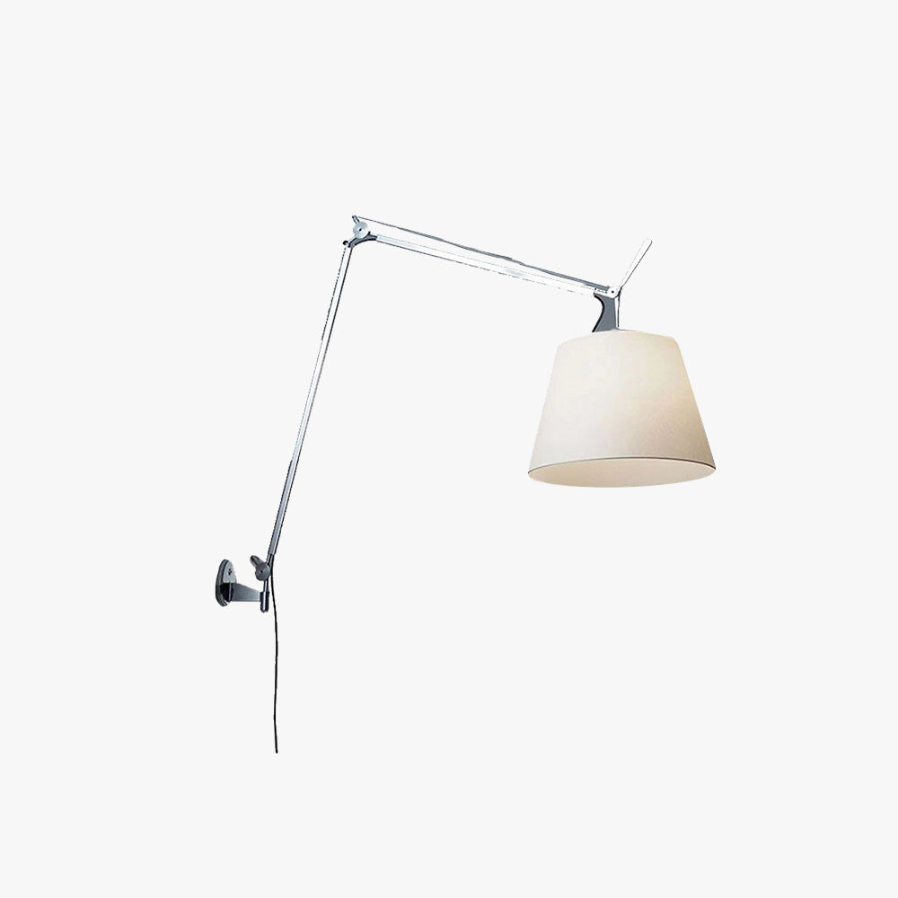 Modern swing arm wall-mounted lamp with shade, featuring an adjustable design for customizable lighting. The lamp showcases a sleek metal finish with a classic lampshade, suitable for various interior decor styles.