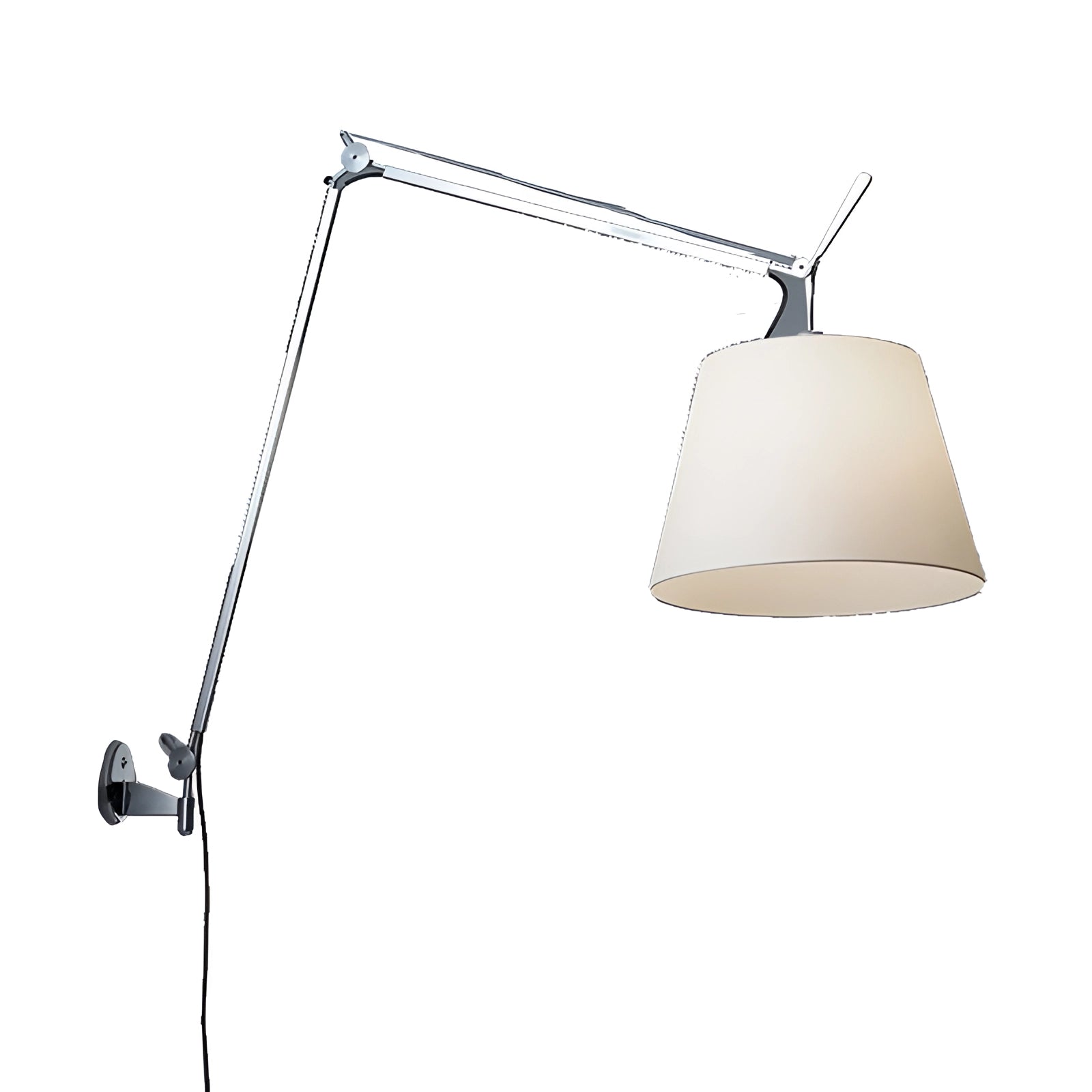 Modern swing arm wall-mounted lamp with adjustable lighting and shade, featuring a sleek design ideal for contemporary interiors.