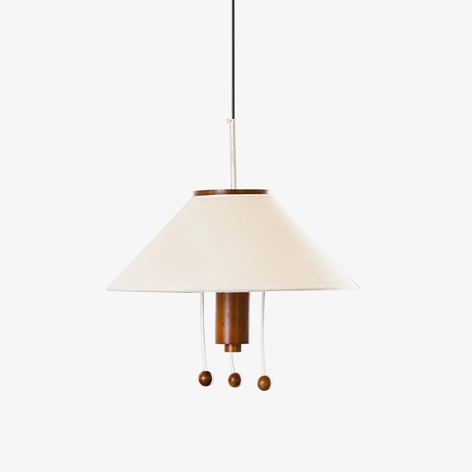 Modern triangle pendant lamp with wooden accents in walnut color and white, featuring adjustable lighting, suspended from ceiling.