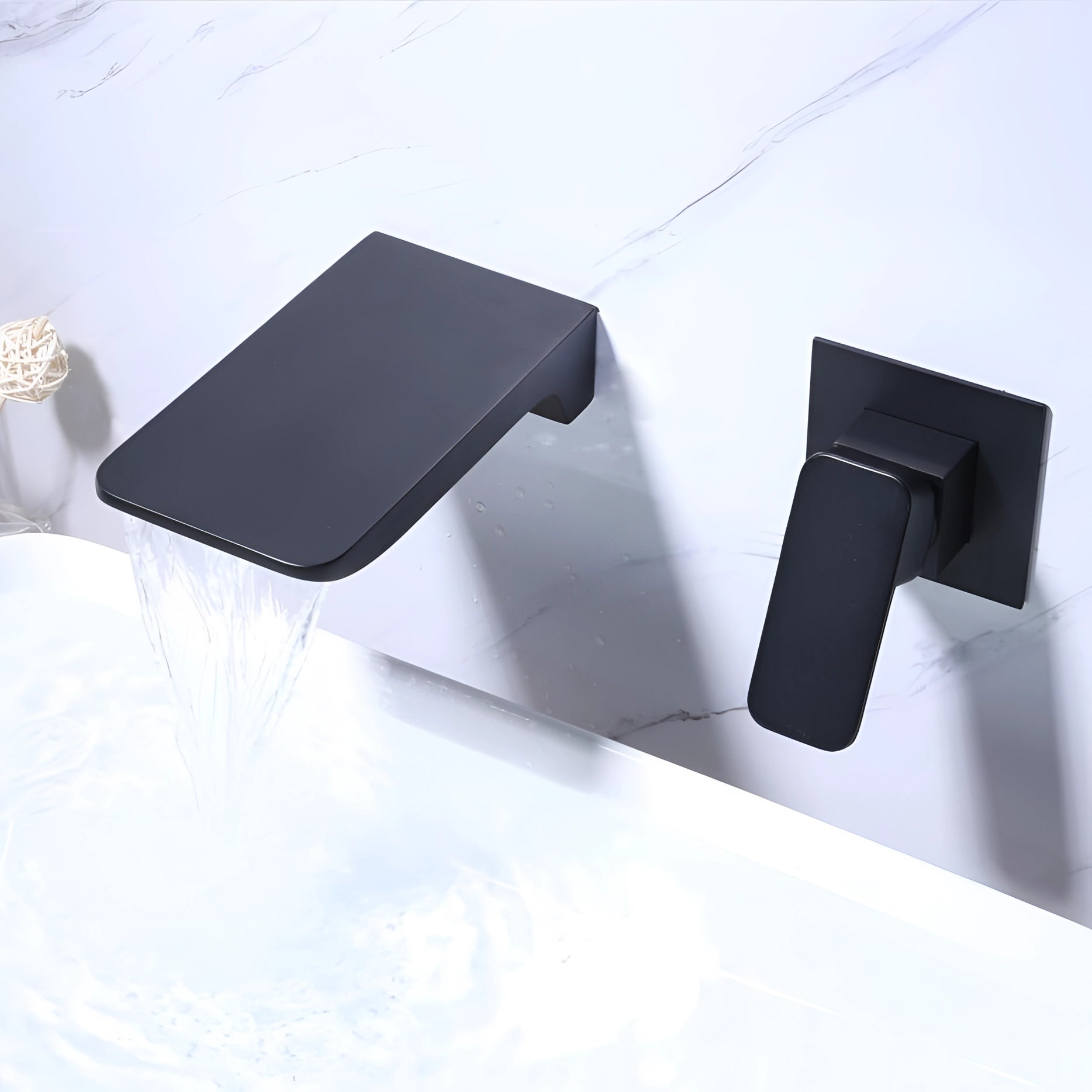 Modern wall-mounted waterfall faucet with a square design and chrome finish, featuring a sleek, rectangular shape that enhances contemporary bathroom aesthetics.