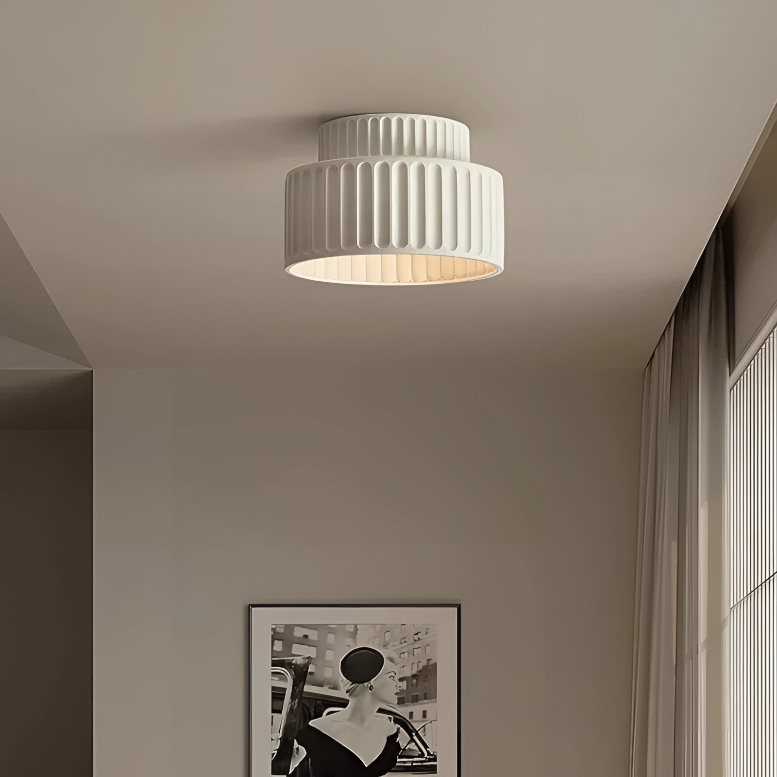 Modern White Ceramic Pendant Light - LED, Ribbed Lampshade Design