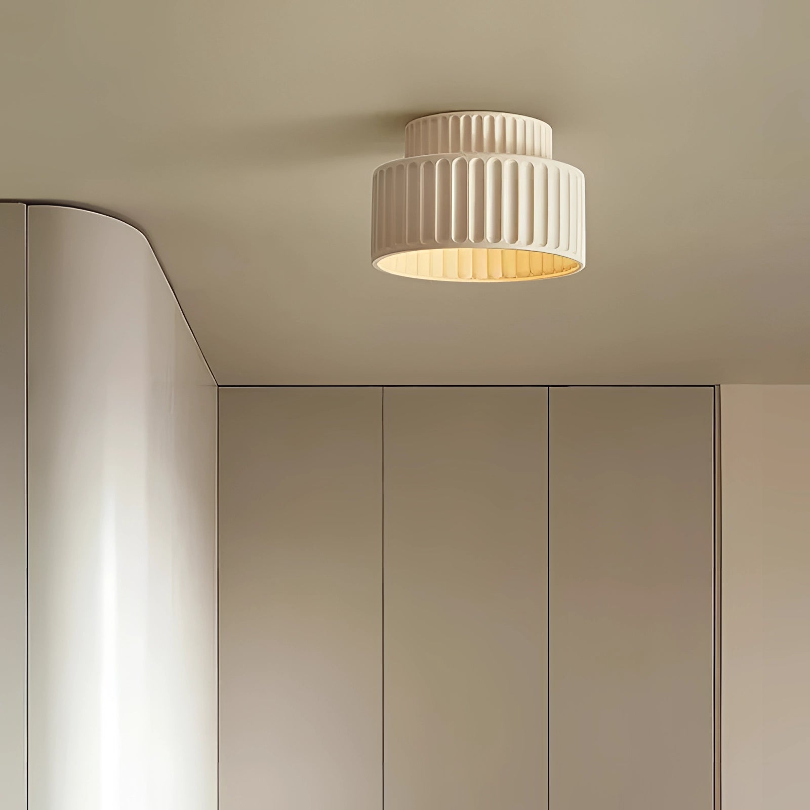 Modern White Ceramic Pendant Light - LED, Ribbed Lampshade Design