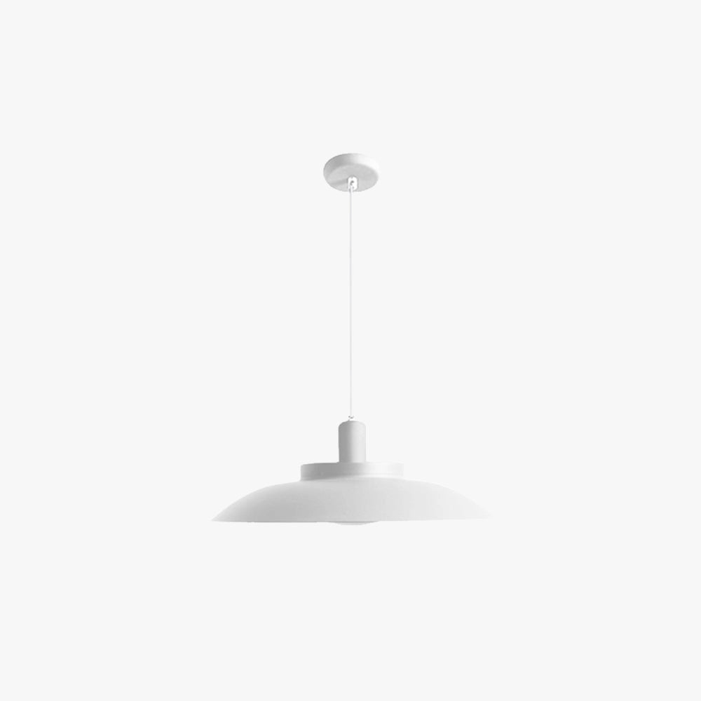 Modern white pendant light with a minimalist design hanging from the ceiling, featuring an adjustable length suitable for kitchen spaces. The light fixture has a circular shape and a sleek monochrome appearance, enhancing the contemporary aesthetic of the room.