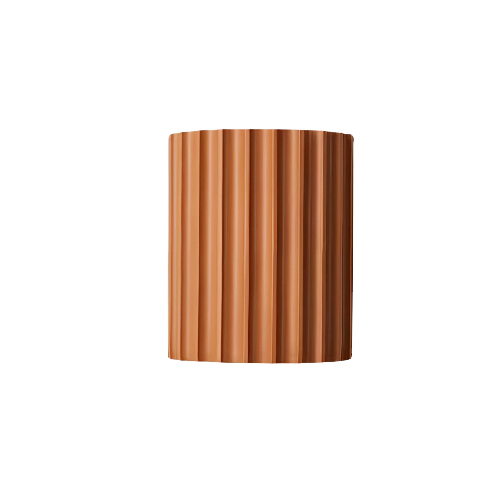 Modern white ribbed wall sconce with a contemporary design, mounted on a wooden wall.